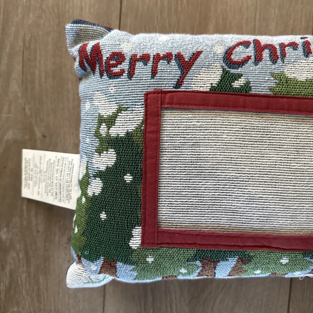 Christmas Tapestry Santa‎ Pillow Merry Christmas With Photo Slot Red Back